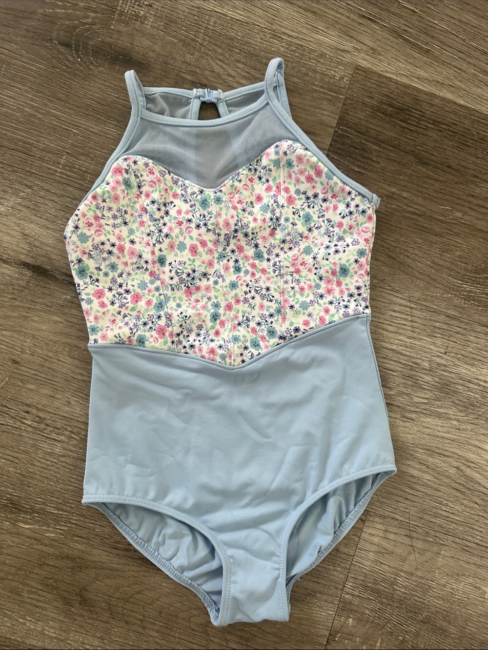 Mirella Light Blue Floral Halter-Style Girls Leotard 6X/7
